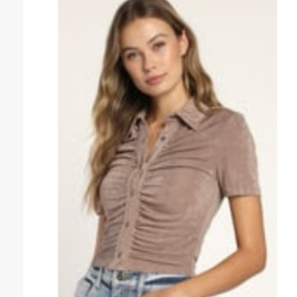 Lulus Taupe Ruched Short Sleeve Button Up - Picture 3 of 3